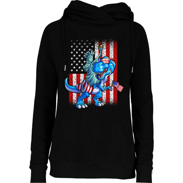 Dino Statue Of Liberty 4th Of July American Flag Womens Funnel Neck Pullover Hood