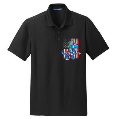 Dino Statue Of Liberty 4th Of July American Flag Dry Zone Grid Polo