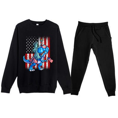 Dino Statue Of Liberty 4th Of July American Flag Premium Crewneck Sweatsuit Set