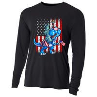 Dino Statue Of Liberty 4th Of July American Flag Cooling Performance Long Sleeve Crew