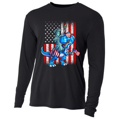 Dino Statue Of Liberty 4th Of July American Flag Cooling Performance Long Sleeve Crew