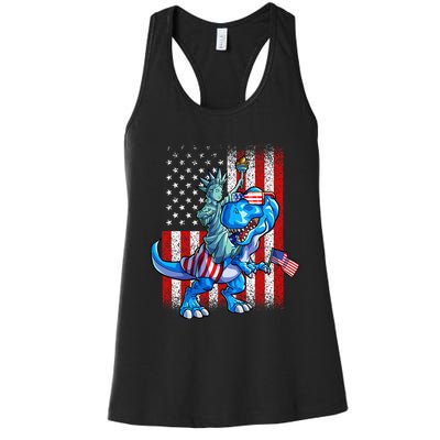 Dino Statue Of Liberty 4th Of July American Flag Women's Racerback Tank