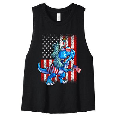 Dino Statue Of Liberty 4th Of July American Flag Women's Racerback Cropped Tank