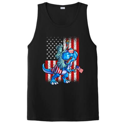 Dino Statue Of Liberty 4th Of July American Flag PosiCharge Competitor Tank