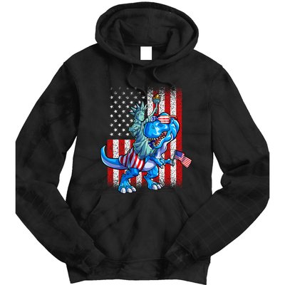 Dino Statue Of Liberty 4th Of July American Flag Tie Dye Hoodie