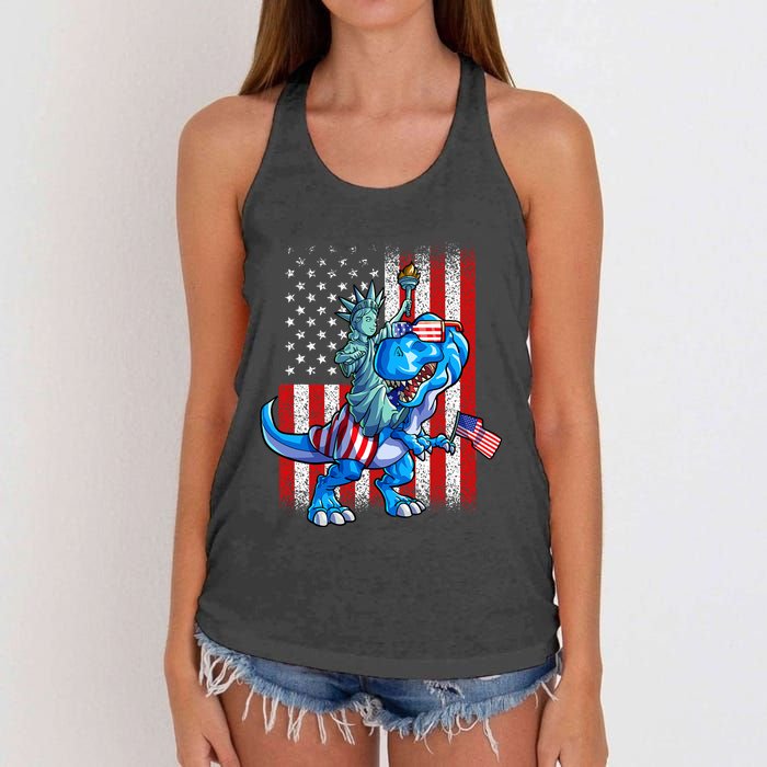 Dino Statue Of Liberty 4th Of July American Flag Women's Knotted Racerback Tank