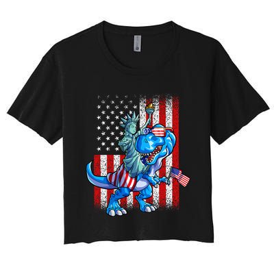 Dino Statue Of Liberty 4th Of July American Flag Women's Crop Top Tee