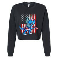 Dino Statue Of Liberty 4th Of July American Flag Cropped Pullover Crew