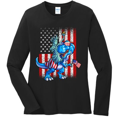 Dino Statue Of Liberty 4th Of July American Flag Ladies Long Sleeve Shirt