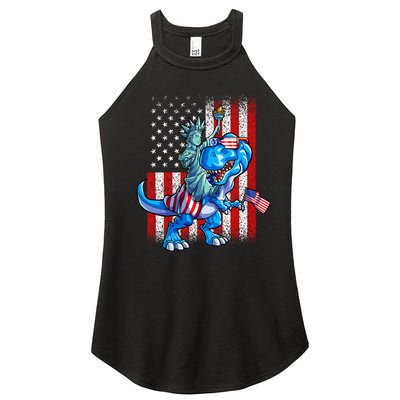 Dino Statue Of Liberty 4th Of July American Flag Women's Perfect Tri Rocker Tank