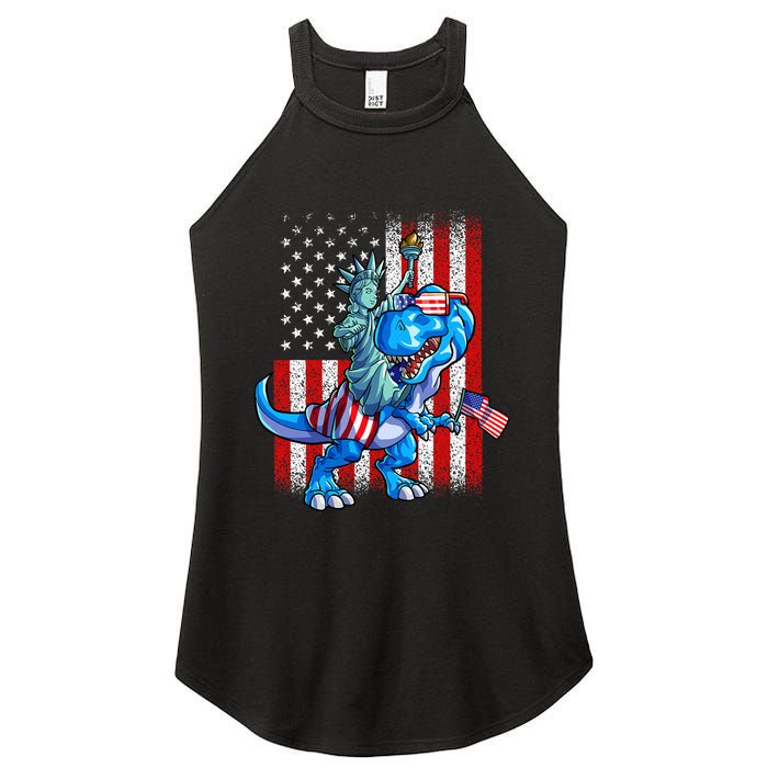 Dino Statue Of Liberty 4th Of July American Flag Women's Perfect Tri Rocker Tank