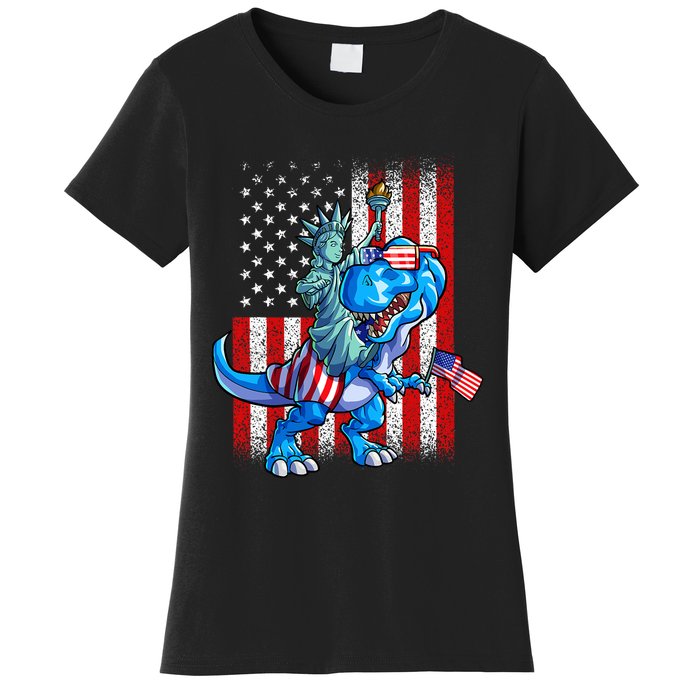 Dino Statue Of Liberty 4th Of July American Flag Women's T-Shirt