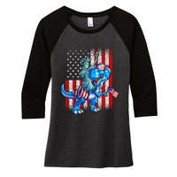 Dino Statue Of Liberty 4th Of July American Flag Women's Tri-Blend 3/4-Sleeve Raglan Shirt