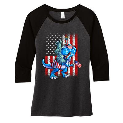 Dino Statue Of Liberty 4th Of July American Flag Women's Tri-Blend 3/4-Sleeve Raglan Shirt