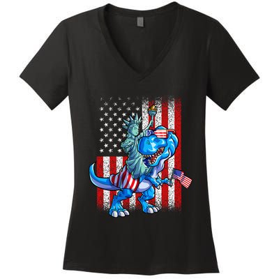 Dino Statue Of Liberty 4th Of July American Flag Women's V-Neck T-Shirt