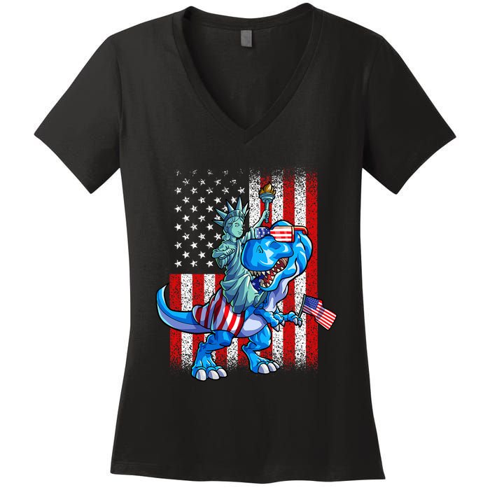 Dino Statue Of Liberty 4th Of July American Flag Women's V-Neck T-Shirt