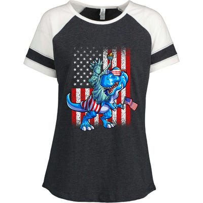 Dino Statue Of Liberty 4th Of July American Flag Enza Ladies Jersey Colorblock Tee