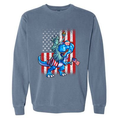 Dino Statue Of Liberty 4th Of July American Flag Garment-Dyed Sweatshirt