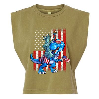 Dino Statue Of Liberty 4th Of July American Flag Garment-Dyed Women's Muscle Tee