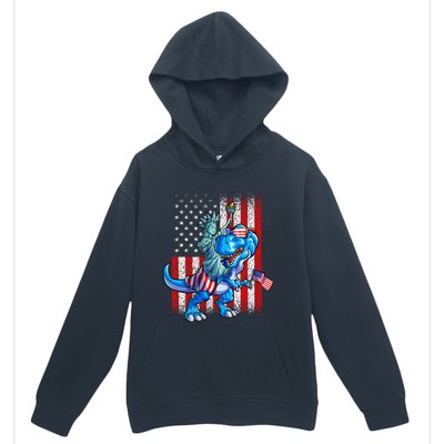 Dino Statue Of Liberty 4th Of July American Flag Urban Pullover Hoodie