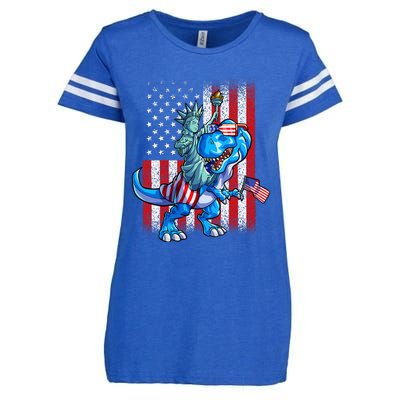 Dino Statue Of Liberty 4th Of July American Flag Enza Ladies Jersey Football T-Shirt