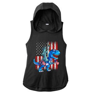 Dino Statue Of Liberty 4th Of July American Flag Ladies PosiCharge Tri-Blend Wicking Draft Hoodie Tank