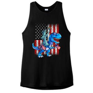 Dino Statue Of Liberty 4th Of July American Flag Ladies PosiCharge Tri-Blend Wicking Tank