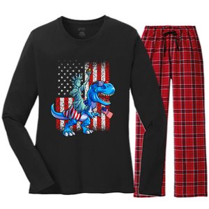 Dino Statue Of Liberty 4th Of July American Flag Women's Long Sleeve Flannel Pajama Set 