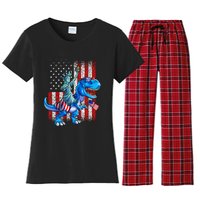 Dino Statue Of Liberty 4th Of July American Flag Women's Flannel Pajama Set