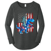 Dino Statue Of Liberty 4th Of July American Flag Women's Perfect Tri Tunic Long Sleeve Shirt