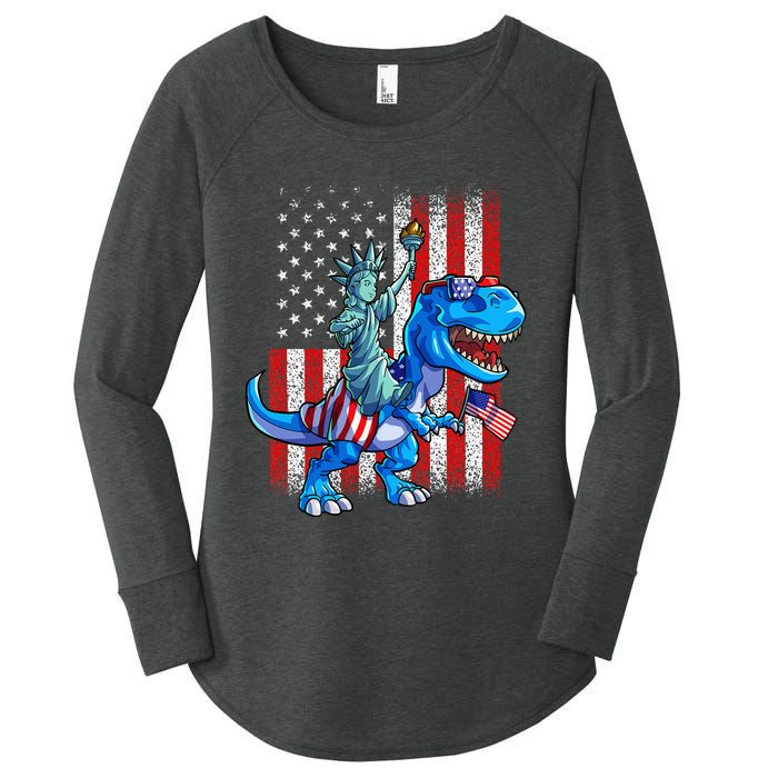 Dino Statue Of Liberty 4th Of July American Flag Women's Perfect Tri Tunic Long Sleeve Shirt