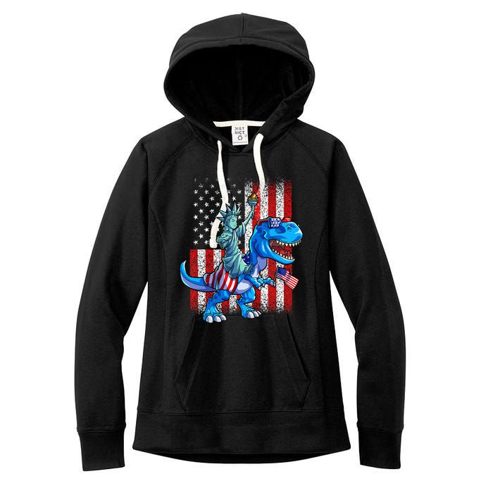 Dino Statue Of Liberty 4th Of July American Flag Women's Fleece Hoodie