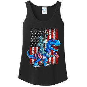 Dino Statue Of Liberty 4th Of July American Flag Ladies Essential Tank