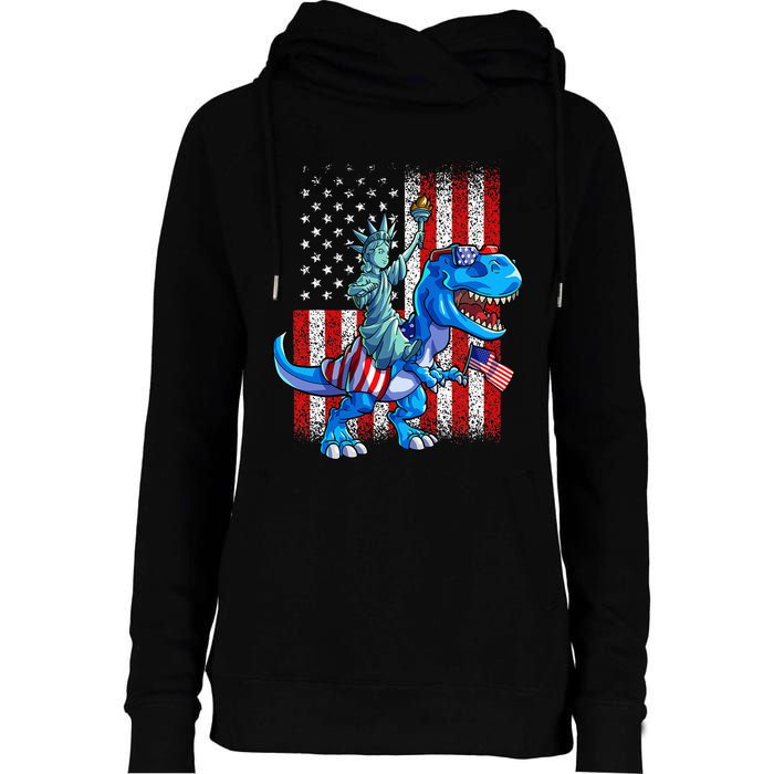 Dino Statue Of Liberty 4th Of July American Flag Womens Funnel Neck Pullover Hood