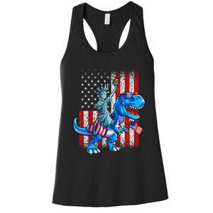 Dino Statue Of Liberty 4th Of July American Flag Women's Racerback Tank