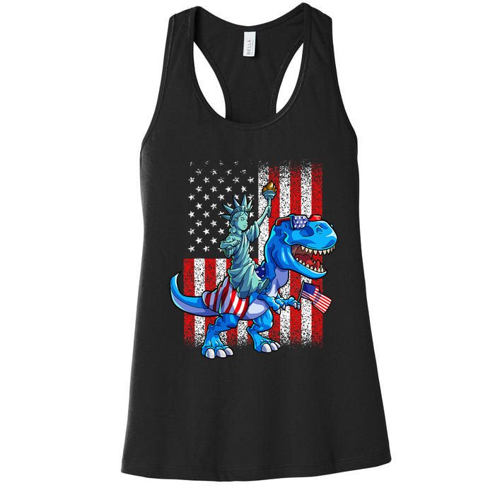 Dino Statue Of Liberty 4th Of July American Flag Women's Racerback Tank