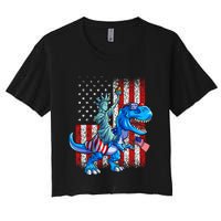 Dino Statue Of Liberty 4th Of July American Flag Women's Crop Top Tee