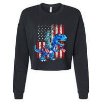 Dino Statue Of Liberty 4th Of July American Flag Cropped Pullover Crew