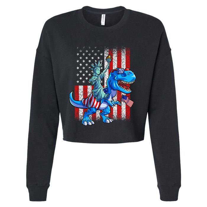 Dino Statue Of Liberty 4th Of July American Flag Cropped Pullover Crew