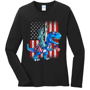 Dino Statue Of Liberty 4th Of July American Flag Ladies Long Sleeve Shirt