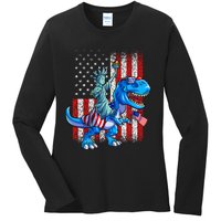 Dino Statue Of Liberty 4th Of July American Flag Ladies Long Sleeve Shirt