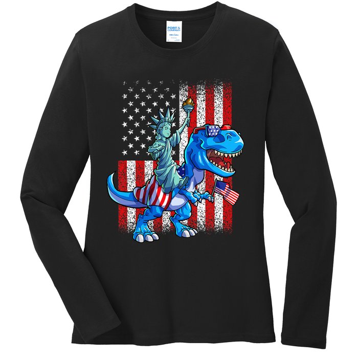 Dino Statue Of Liberty 4th Of July American Flag Ladies Long Sleeve Shirt