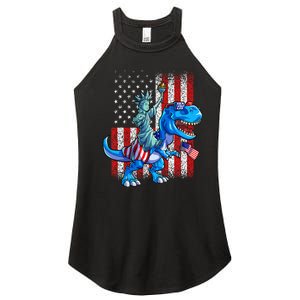 Dino Statue Of Liberty 4th Of July American Flag Women's Perfect Tri Rocker Tank