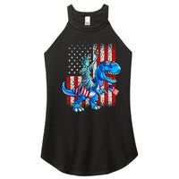 Dino Statue Of Liberty 4th Of July American Flag Women's Perfect Tri Rocker Tank