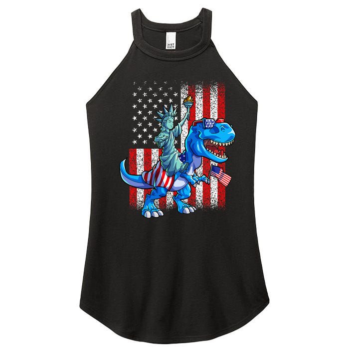 Dino Statue Of Liberty 4th Of July American Flag Women's Perfect Tri Rocker Tank