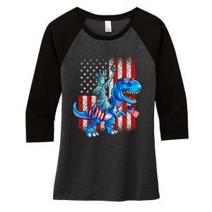 Dino Statue Of Liberty 4th Of July American Flag Women's Tri-Blend 3/4-Sleeve Raglan Shirt