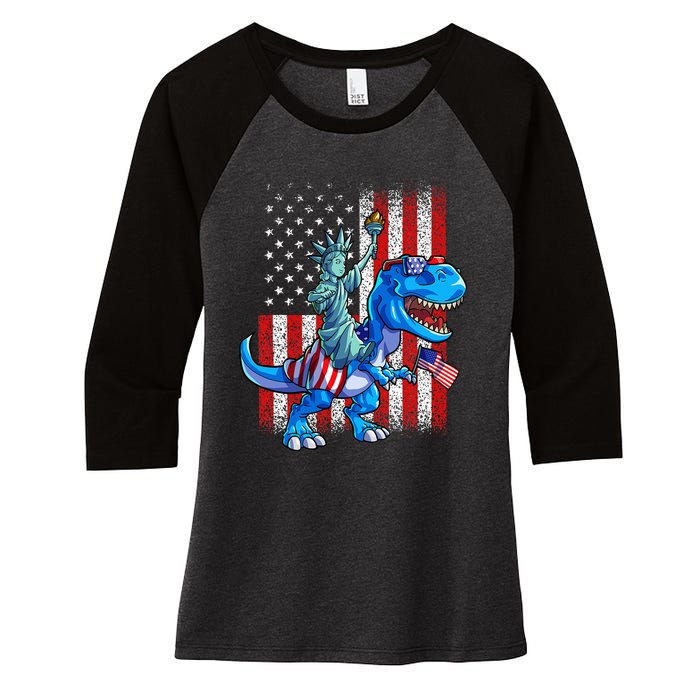 Dino Statue Of Liberty 4th Of July American Flag Women's Tri-Blend 3/4-Sleeve Raglan Shirt