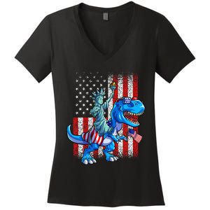 Dino Statue Of Liberty 4th Of July American Flag Women's V-Neck T-Shirt