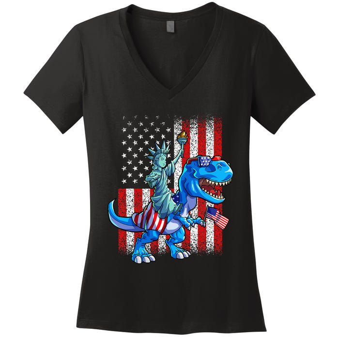 Dino Statue Of Liberty 4th Of July American Flag Women's V-Neck T-Shirt