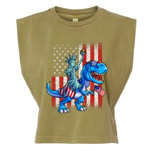 Dino Statue Of Liberty 4th Of July American Flag Garment-Dyed Women's Muscle Tee